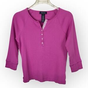 Jones NY Magenta Pink Henley Tee Shirt 100% Ribbed Cotton  3/4 Sleeves